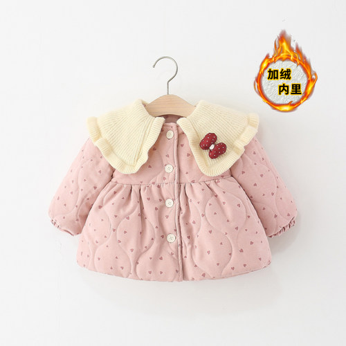 儿童女宝宝毛线翻领棉服加绒