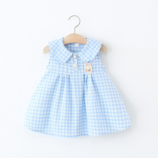 女童无袖 婴儿童女宝宝格子娃娃领兔耳朵棉布小裙子洋气 连衣裙夏季