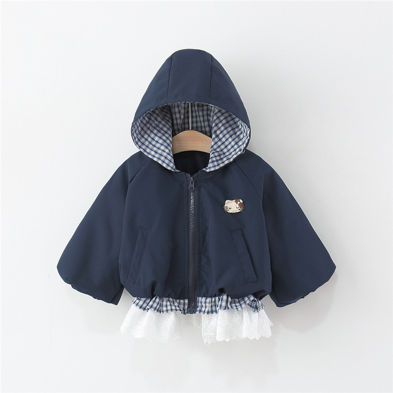 女宝宝秋装格纹花边拼接连帽外衣