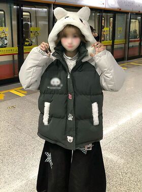 小众学院风少女撞色连帽棉服冬季保暖外套棉衣面包服搭配围巾