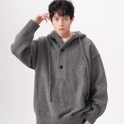灰色连帽毛衣男痞帅高级感cleanfit慵懒风针织衫外套秋冬宽松线衣