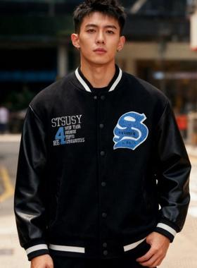 美式复古高街痞帅百搭拼接毛呢高级感植绒刺绣学院风保暖圆领棉服