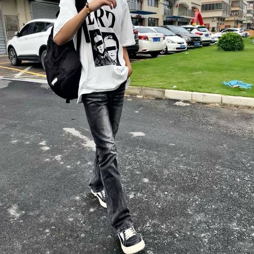 美式高街风重磅水洗黑灰vine517质感微喇加绒修身牛仔裤男