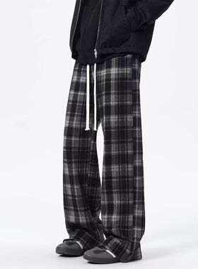 格子男女休闲裤港风潮牌垂感直筒阔腿裤春秋款长裤复古运动卫裤