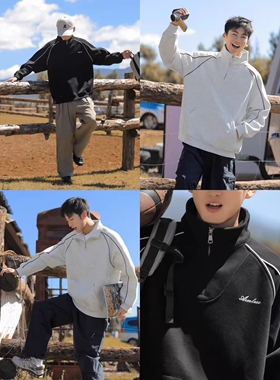 拼接复古立领半拉链痞帅简约学院风条纹套头日系情侣休闲卫衣