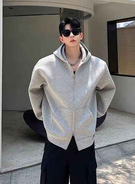 美式重磅灰色卫衣开衫女连帽外套秋季纯色百搭休闲上衣外套