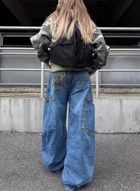 美式街头复古拼接解构豹纹拼接弯刀牛仔裤女水洗宽松阔腿萝卜长裤