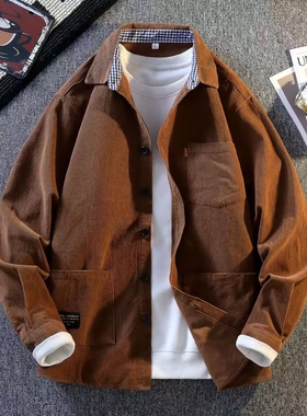 极麻复古基础百搭灯芯绒长袖衬衫男休闲宽松大码条绒衬衣外套