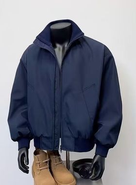 美式复古纯色飞行男潮牌高级感拉链翻领开衫夹克外套