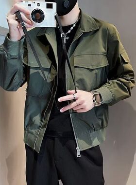 春秋男士翻领纯色简约高街复古潮流拉链多口袋夹克上衣