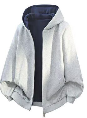 春秋潮牌连帽百搭拉链高级感日系纯色情侣开衫卫衣