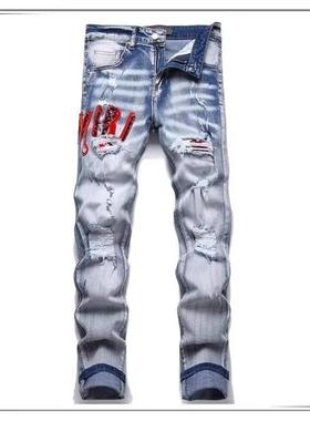 网红同款潮牌男款个性破洞牛仔裤薄夏季显瘦修身小脚裤刺绣乞丐裤