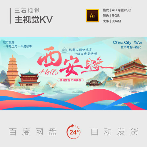西安城市地标建筑文化旅游钟楼塔大唐盛世国风主视觉背景板海报KV