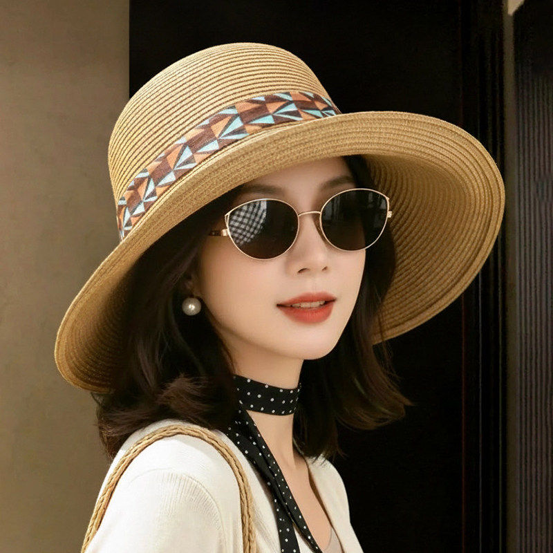 草编帽女休闲时尚大檐防晒遮阳帽夏季海边度假太阳帽可折叠草帽
