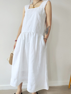 初恋/亚麻小白裙 极简 精致文艺感白色宽松长裙 一字领吊带连衣裙