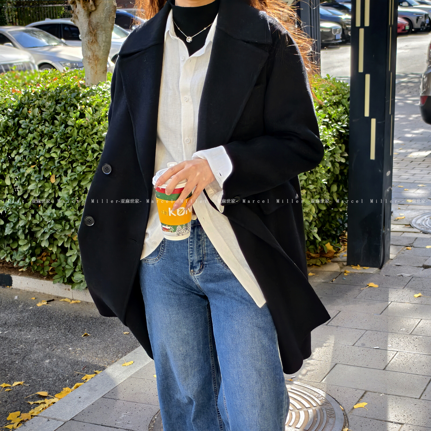 黑色中长款羊毛羊绒呢子大衣