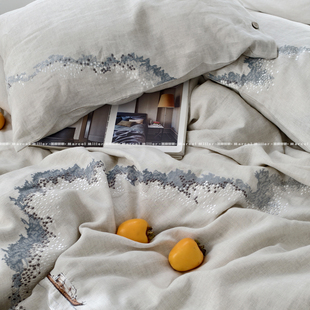 100% 汉麻刺绣四件套天然椰子扣床品 四季可用纯麻软糯亲肤套件