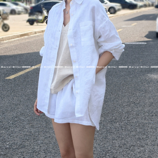 衬 独白 老钱风廓形长袖 休闲短裤 防晒外搭上衣 细腻亚麻宽松衬衫