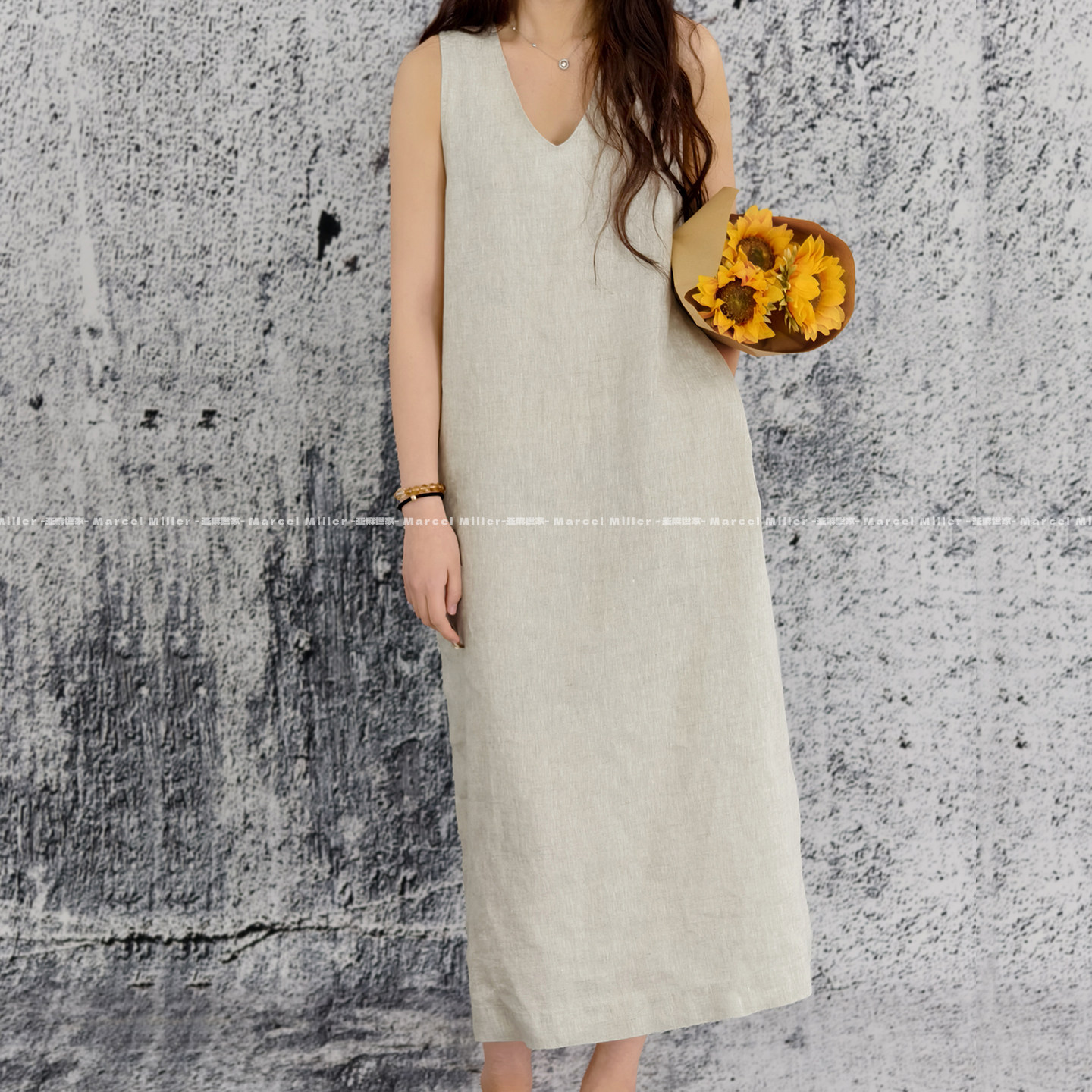 极简100%汉麻V领无袖背心长裙子 夏季清凉透气A字打底连衣裙