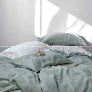 做旧蓝色系汉麻床品四件套 软糯床单被套枕套床笠 天然舒适不扎