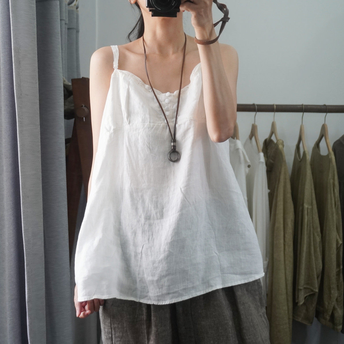 晨语 高品质纯亚麻吊带内搭背心大码宽松胖人打底白色无袖百搭夏