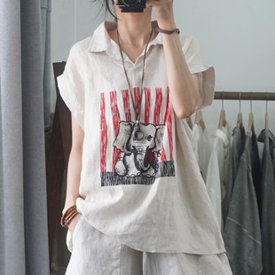 晨语 高品质纯亚麻衬衫立领大码宽松休闲衬衣短袖上衣胖人韩版 女