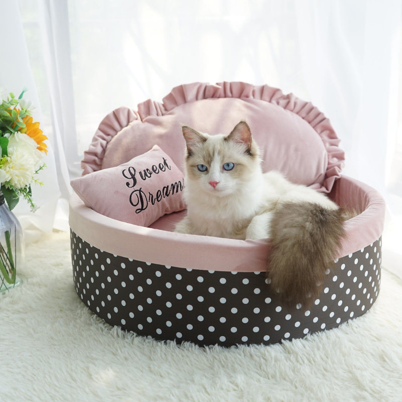 淑女风蕾丝边猫窝四季通用狗窝猫咪圆窝小猫猫窝靠枕舒适可拆洗