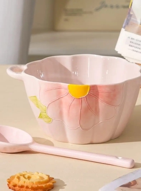 【清晨物语】小南瓜+勺陶瓷手绘浮雕釉下彩精致双耳小汤碗面碗