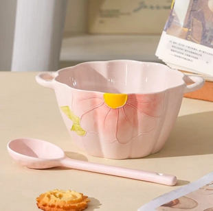 【清晨物语】小南瓜+勺陶瓷手绘浮雕釉下彩精致双耳小汤碗面碗