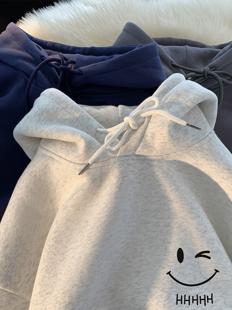 웃는 얼굴 후드 티셔츠 남성 봄 가을 겨울 2024 새로운 트렌디 브랜드 헤비 루즈 플러스 벨벳 소년 코트 탑 의류