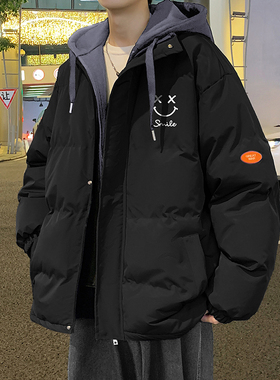 棉衣男冬季新款港风外套棉袄潮牌加厚连帽棉服宽松面包服男士笑脸