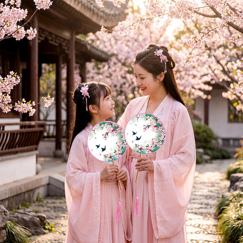 儿童舞蹈旗袍古装长柄团扇