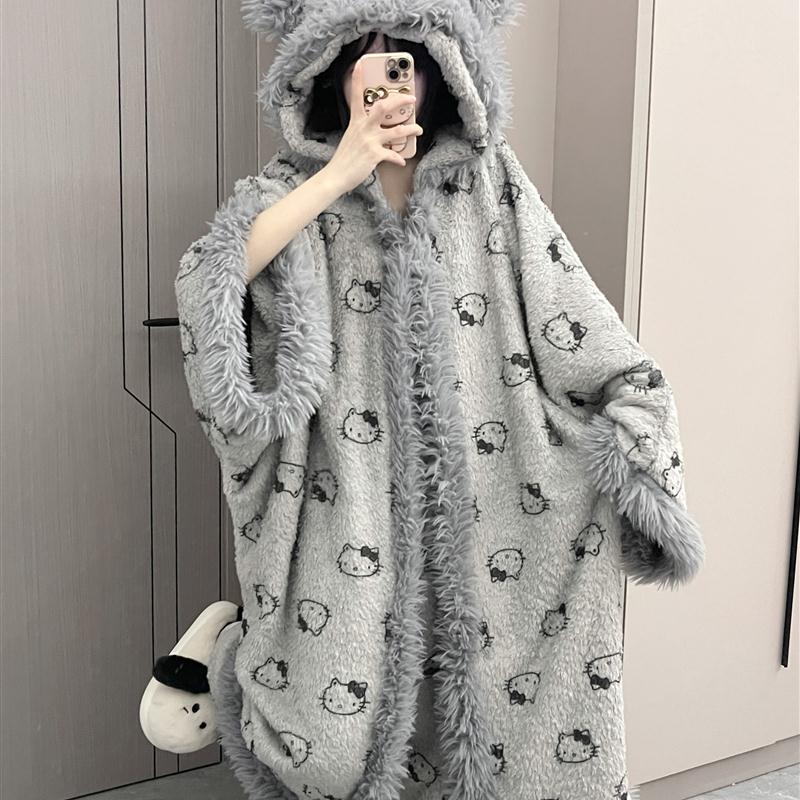 斗篷睡袍可爱灰色冬季毛绒加厚保暖冬天防寒御寒珊瑚绒长款家居服