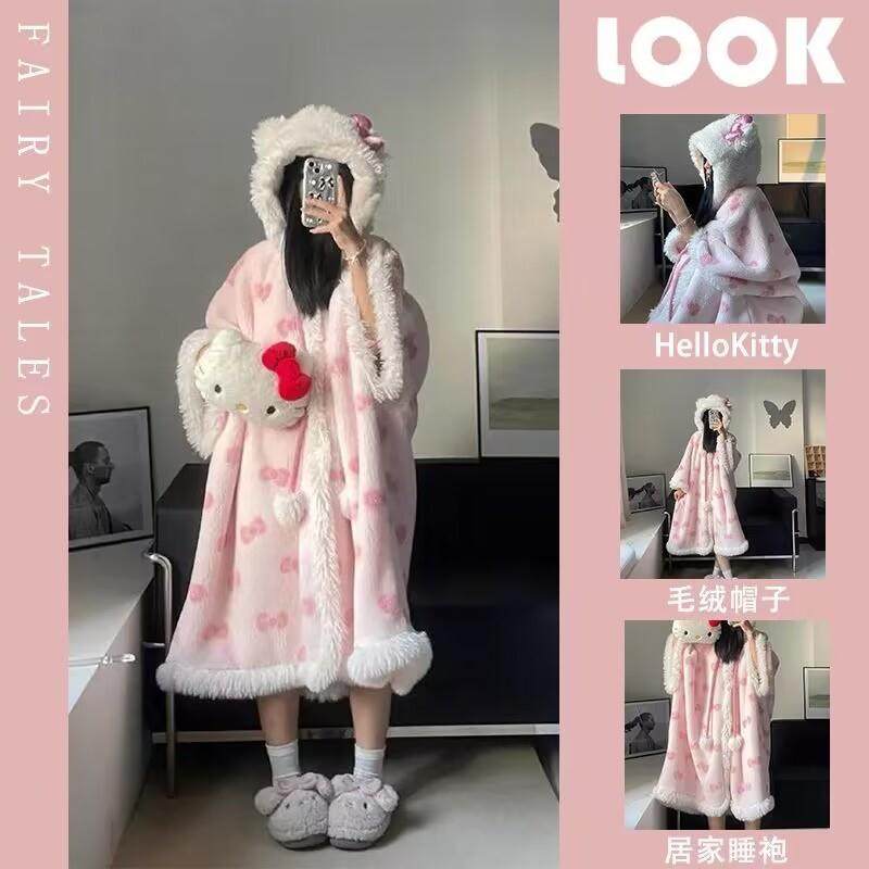 睡衣女冬季加厚加绒可外穿两件套长款珊瑚绒家居服可爱睡裙带裤子