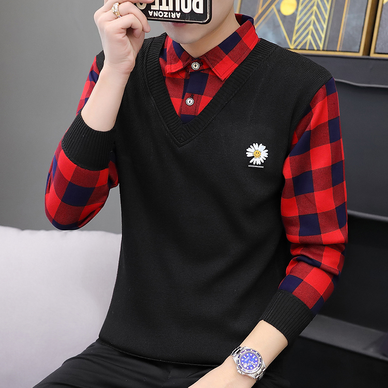 衬衫领毛衣男假两件韩版潮流针织衫加绒加厚秋冬季上衣服翻领外套