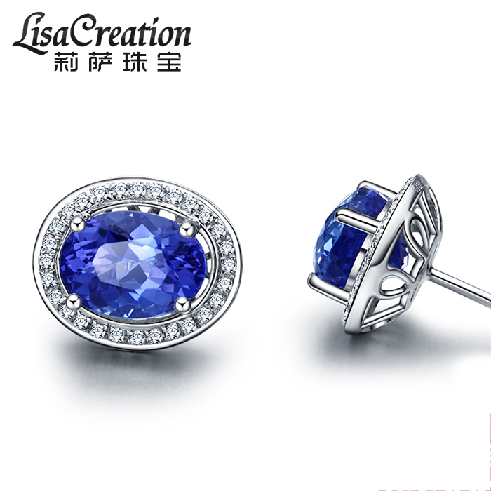 莉萨珠宝 2.4克拉天然坦桑石耳钉耳坠 18k金钻石蓝色宝石彩宝耳环