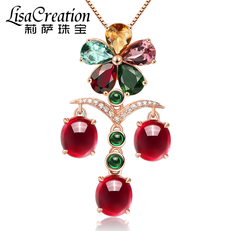莉萨珠宝 天然石榴石吊坠18k金镶彩色碧玺南非钻石沙弗莱宝石项链