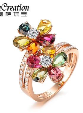 莉萨珠宝红色绿色碧玺戒指彩色宝石钻戒女戒 5.1克18K金 51分钻石