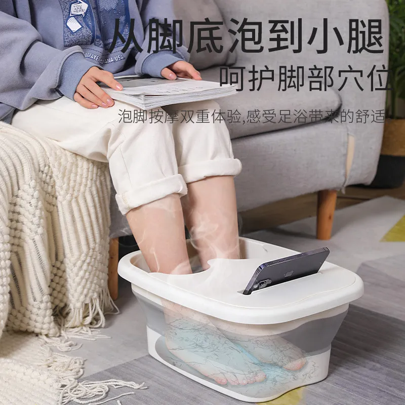 折叠足浴盆泡脚桶家用节省空间硅胶带盖折叠盆按摩洗脚盆加厚便携