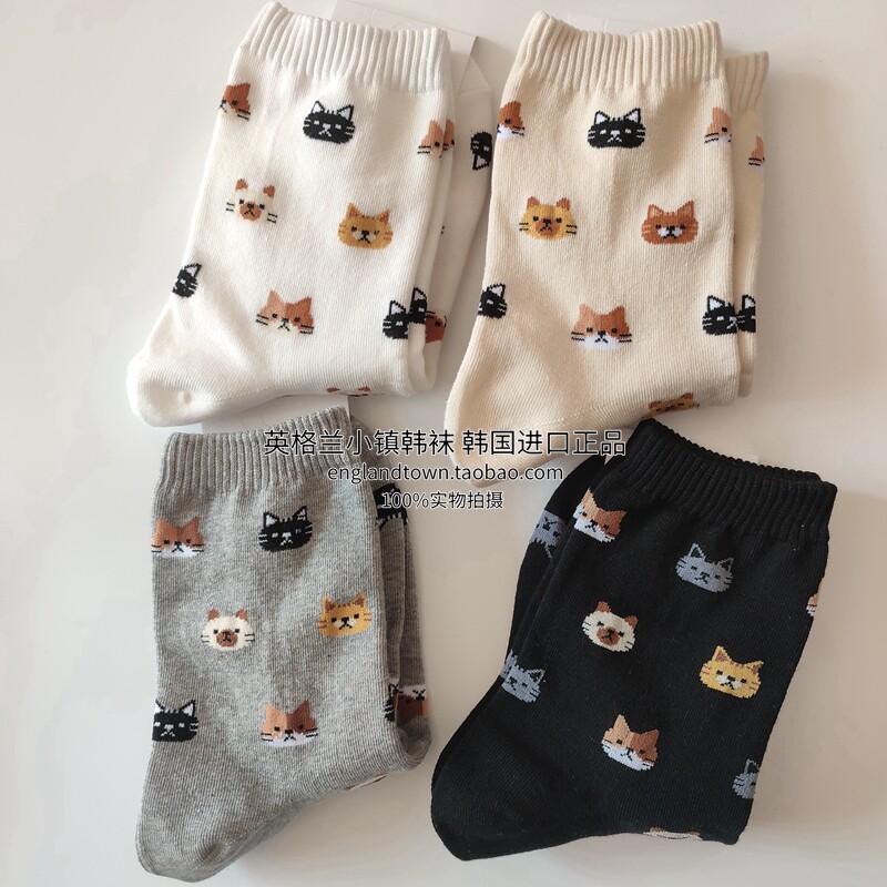 进口韩国产东大门猫咪图案中筒女袜可爱春卡通棉萌宠动物