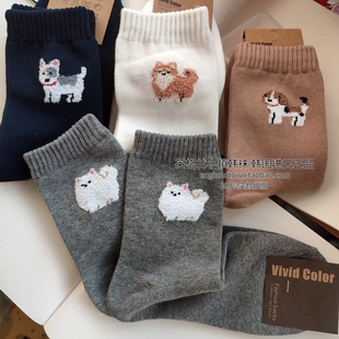 包韩国东大门秋冬中筒厚棉袜小狗可爱卡通女柴犬查理王猎犬