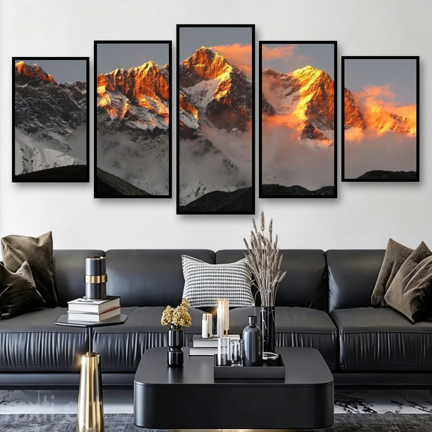 日照金山背有靠山客厅五联装饰画沙发背景墙大气高档感风景画挂画