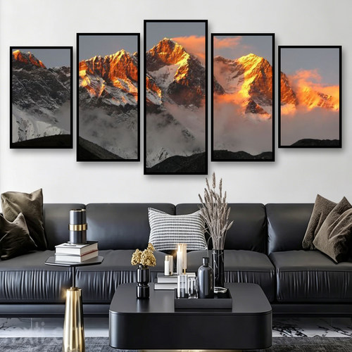 日照金山背有靠山客厅五联装饰画沙发背景墙大气高档感风景画挂画