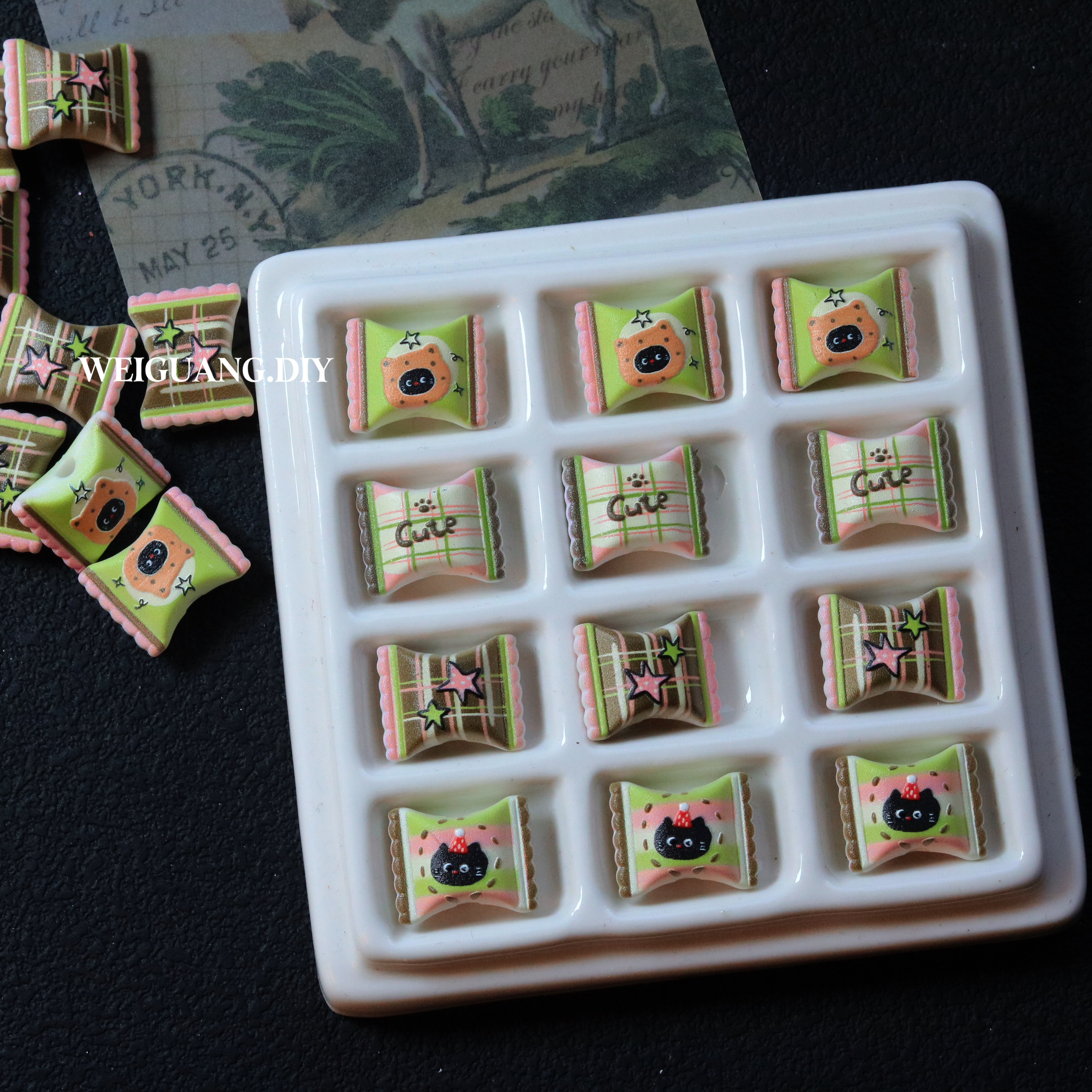 抹茶黑猫小糖果袋浮雕亚克力diy手工饰品手机钥匙链包挂材料配件