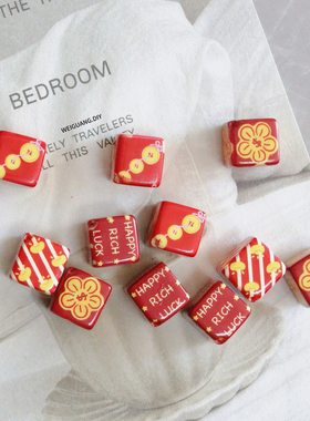 斜孔有钱花红色印花方形串珠手机钥匙链包挂diy手工饰品散珠材料