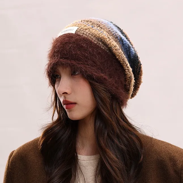 女生羽毛纱毛绒复古针织堆堆帽子女显脸小秋冬防寒保暖毛线冷帽男