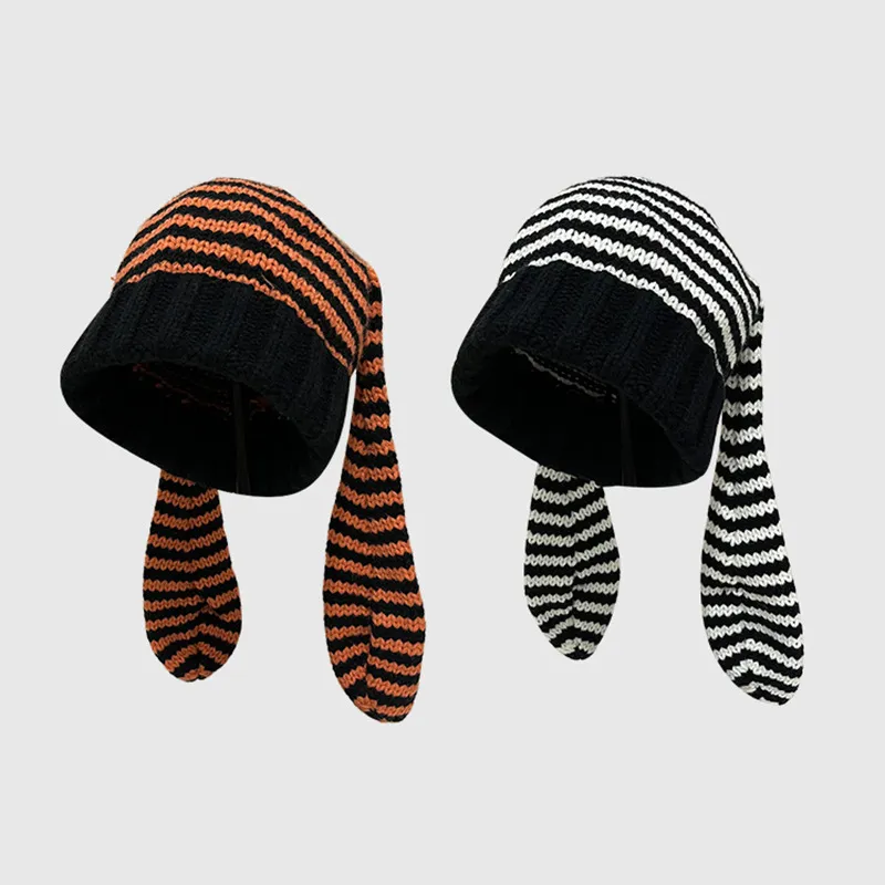 日系可爱五星兔子毛线帽女耳朵条纹恶魔针织套头帽子撞色冷帽保暖