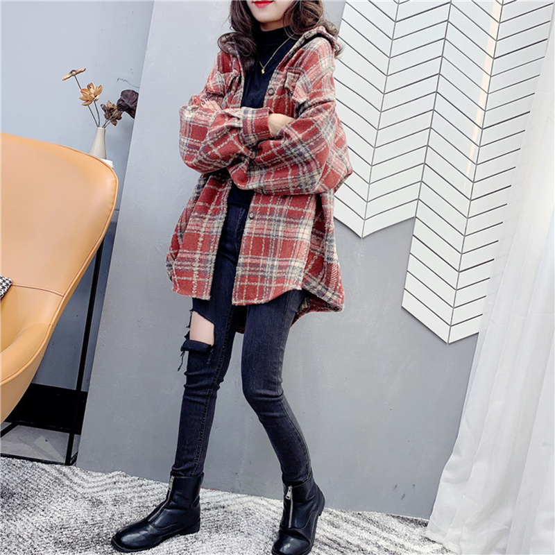 3格子毛呢衬衣外套女春装2021新款百搭加厚网红长袖港味毛绒衬衫潮