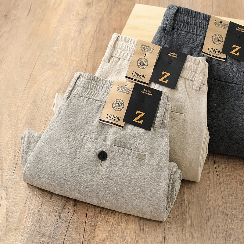 夏季提花面料棉麻松紧腰绳休闲裤