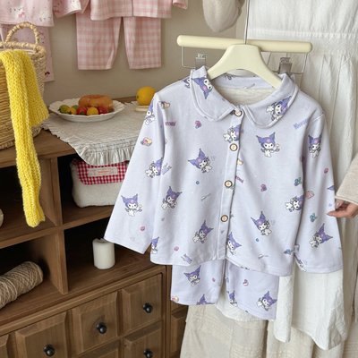 可爱卡通翻领开衫秋冬男女中大童睡衣睡裤羊绒蚕丝两件套家居服